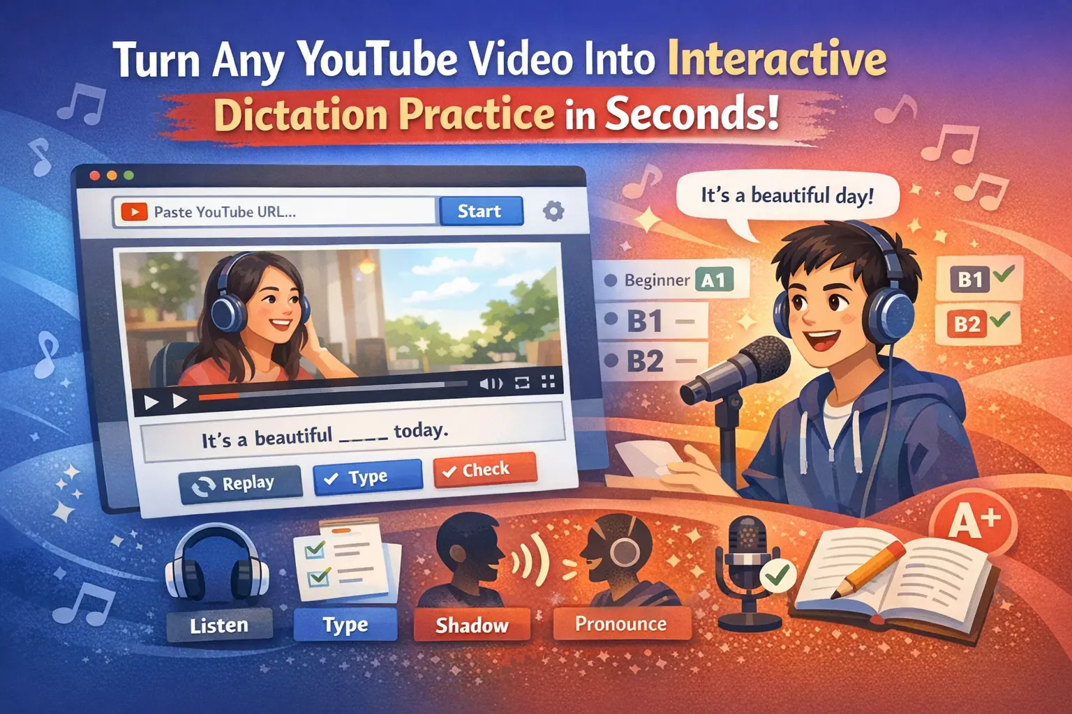 Paste a YouTube Link and Start: Chunk Dictation Practice to Improve English Listening (A1–B2)